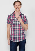 Camisa Hombre Manga Corta Cuadros Algodón Bolsillos Rosa – Koroshi