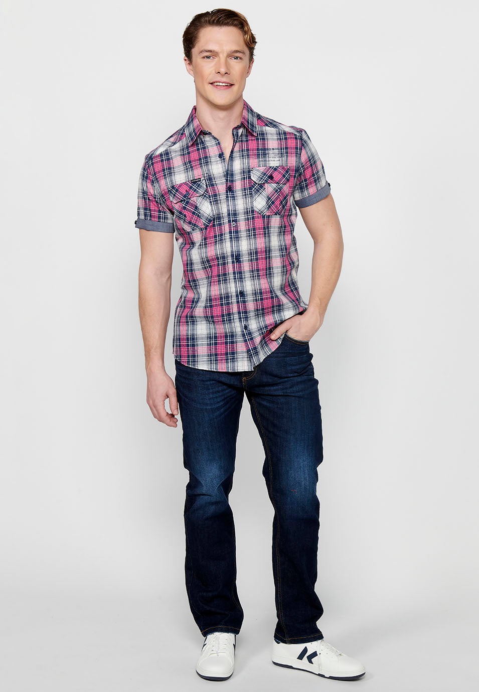 Camisa Hombre Manga Corta Cuadros Algodón Bolsillos Rosa – Koroshi