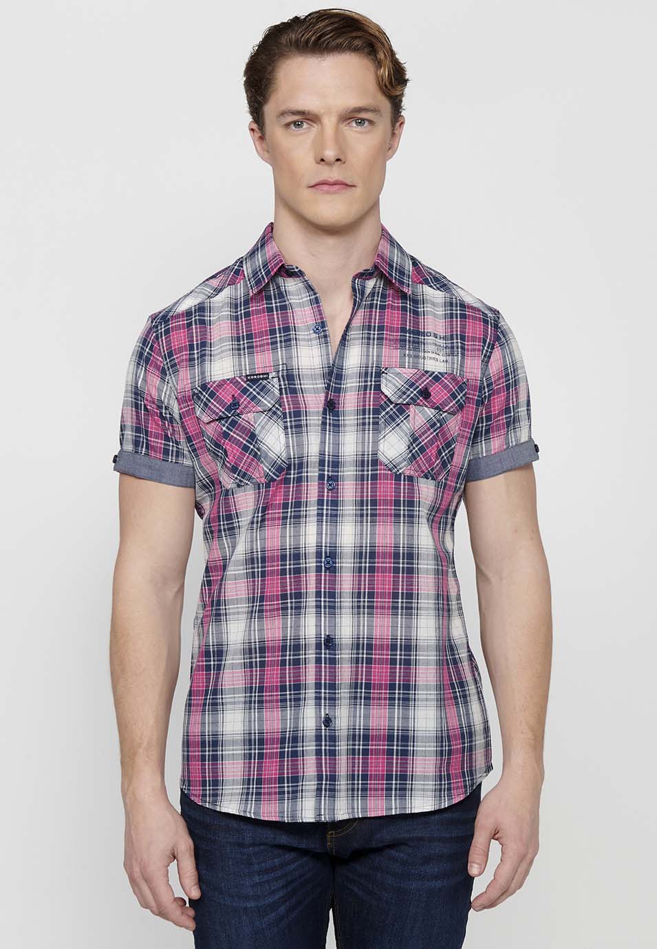 Camisa Hombre Manga Corta Cuadros Algodón Bolsillos Rosa – Koroshi