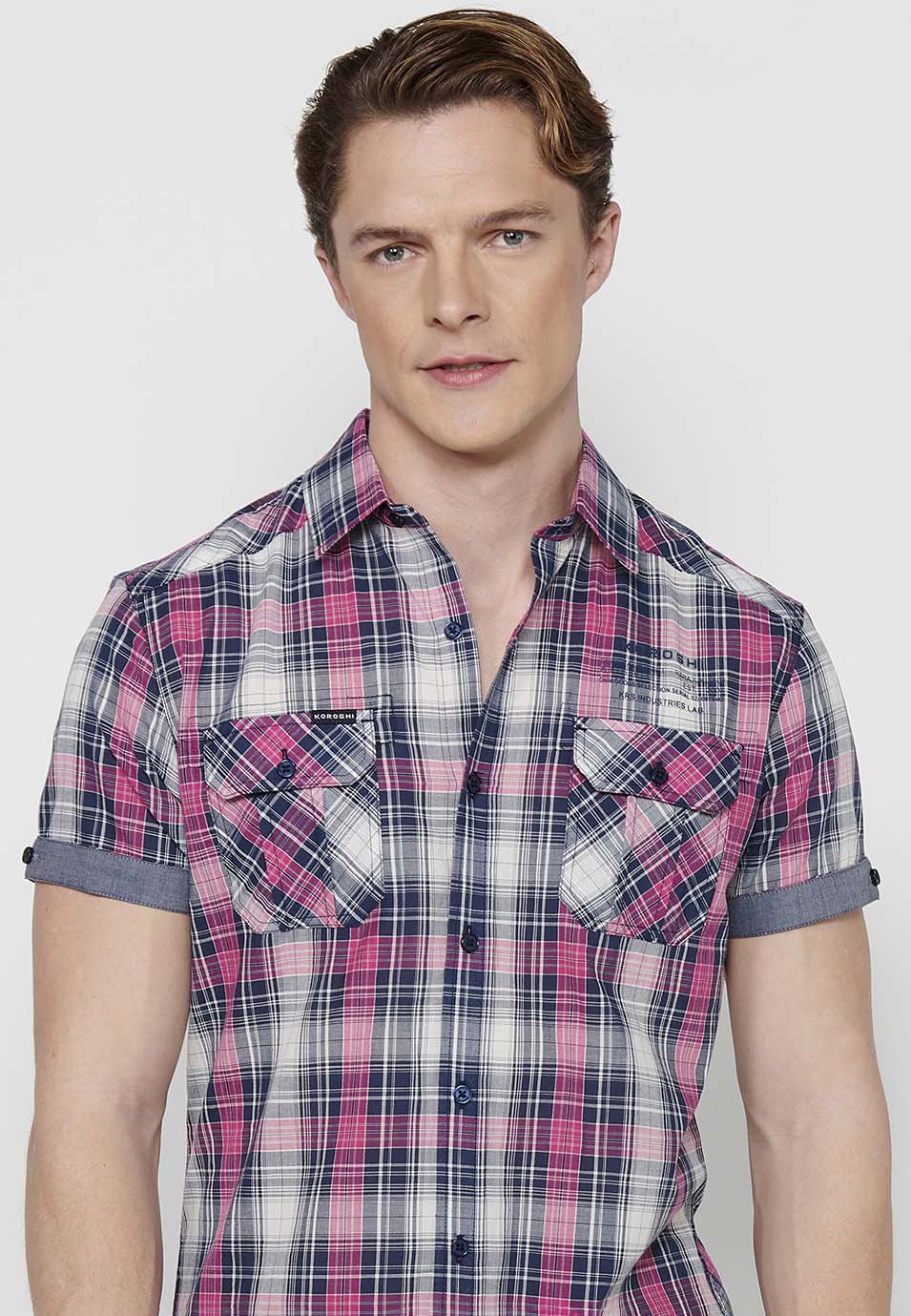 Camisa Hombre Manga Corta Cuadros Algodón Bolsillos Rosa – Koroshi