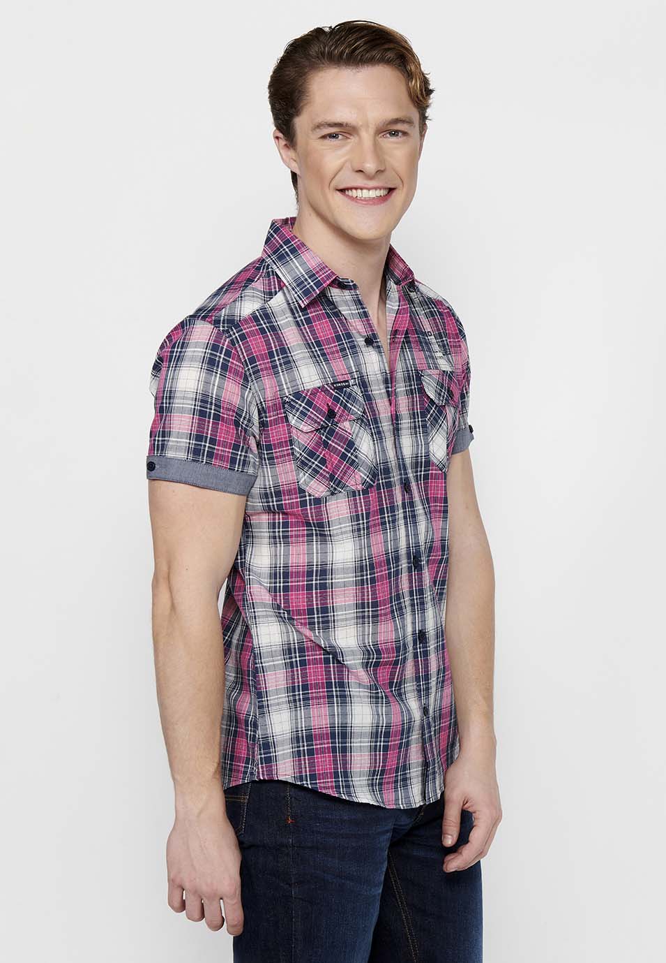 Camisa Hombre Manga Corta Cuadros Algodón Bolsillos Rosa – Koroshi