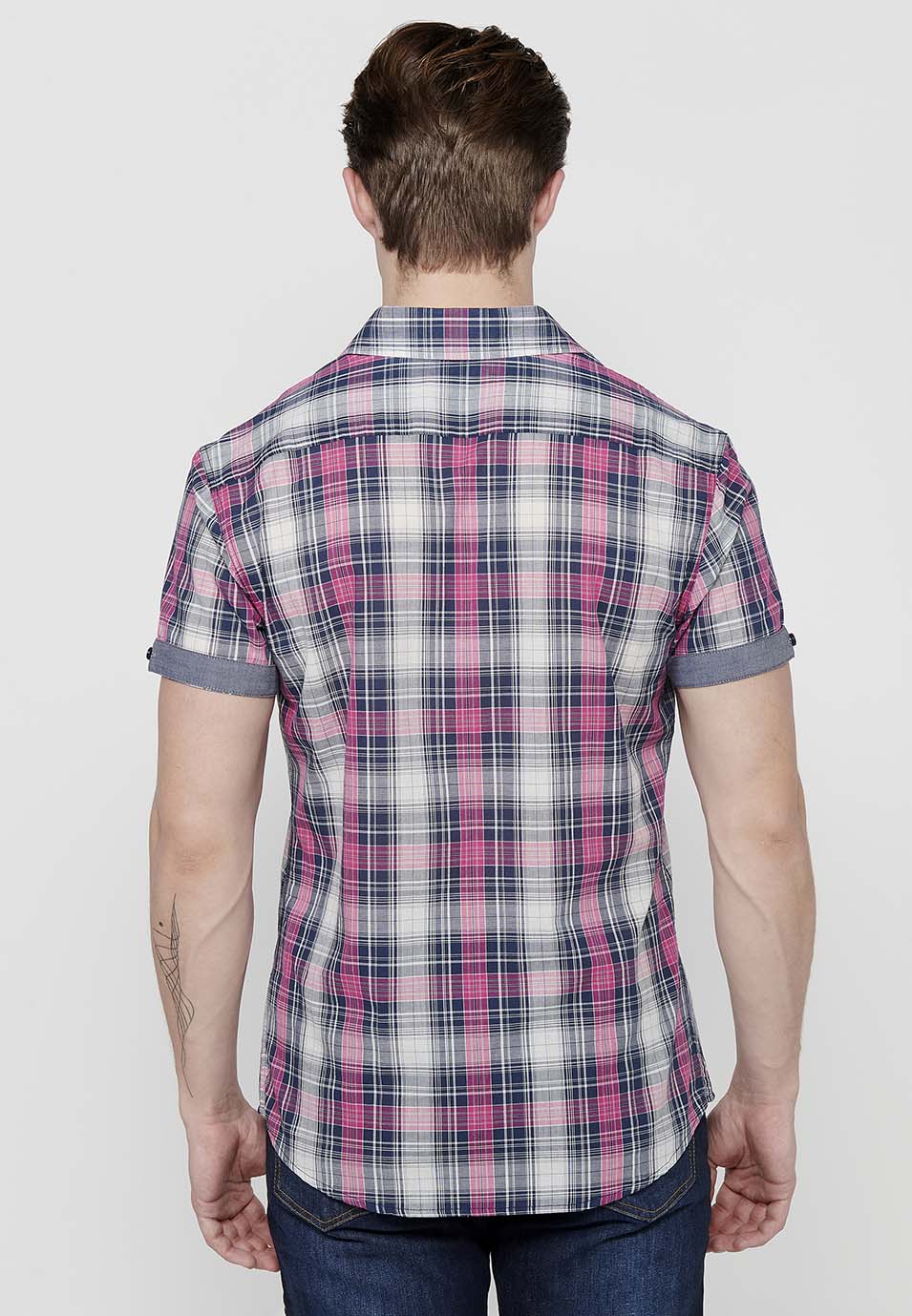 Camisa Hombre Manga Corta Cuadros Algodón Bolsillos Rosa – Koroshi