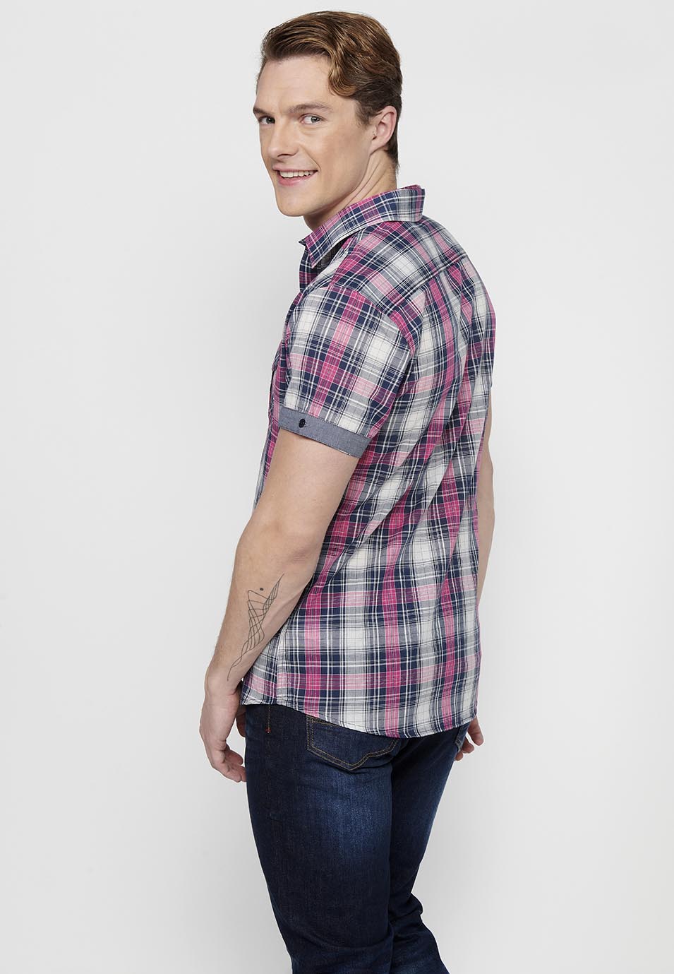 Camisa Hombre Manga Corta Cuadros Algodón Bolsillos Rosa – Koroshi