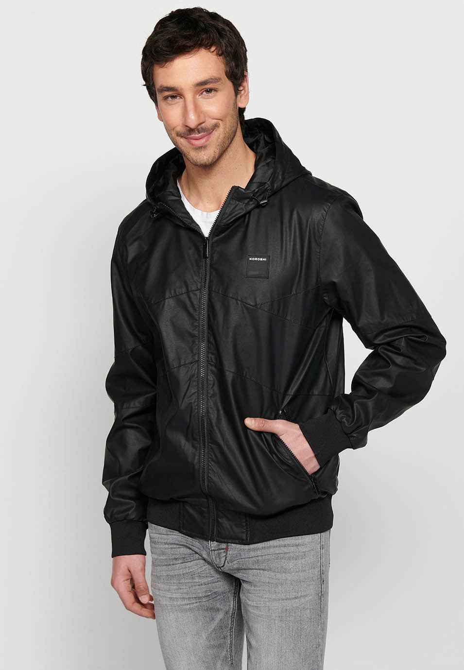 Cazadora Bomber Efecto Piel con Capucha Hombre – Koroshi Negra