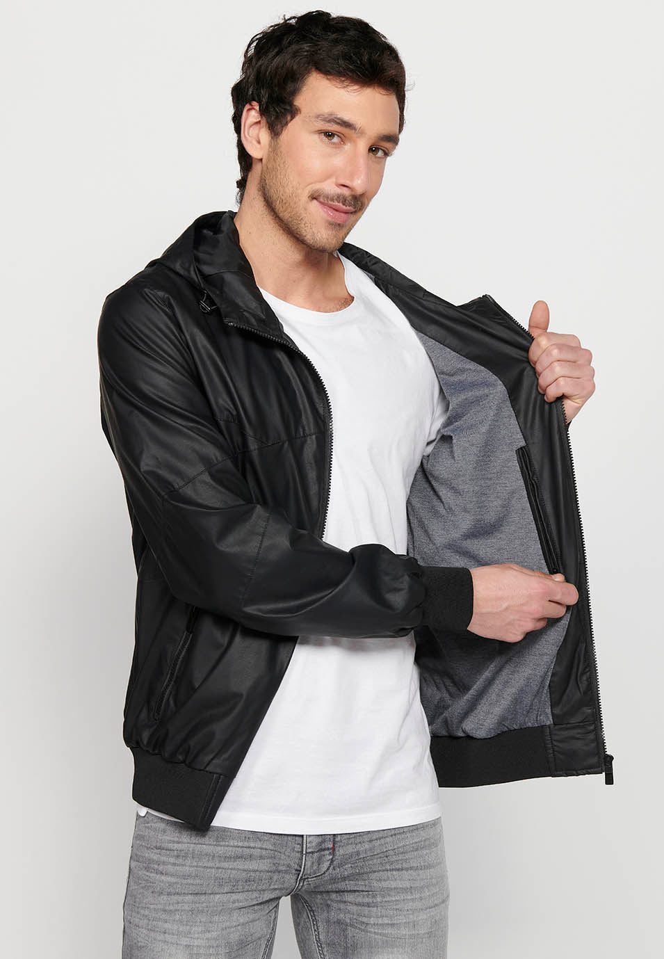Cazadora Bomber Efecto Piel con Capucha Hombre – Koroshi Negra