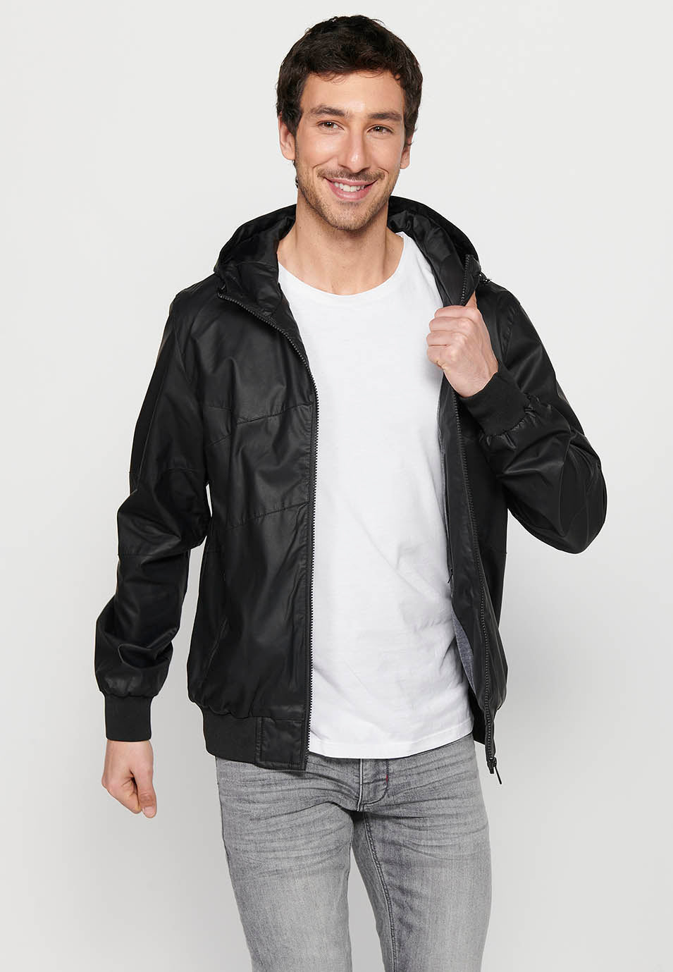 Cazadora Bomber Efecto Piel con Capucha Hombre – Koroshi Negra