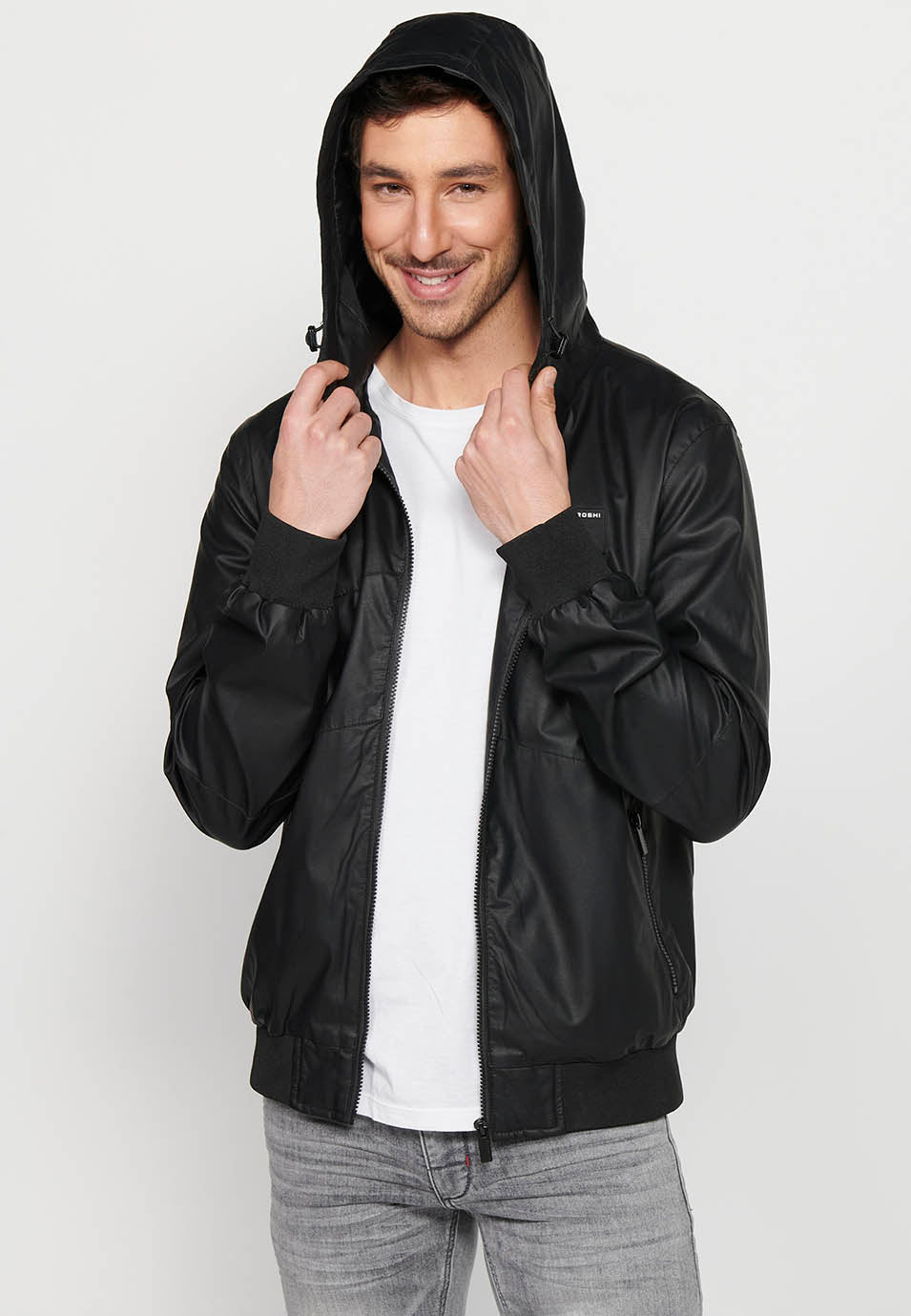 Cazadora Bomber Efecto Piel con Capucha Hombre – Koroshi Negra