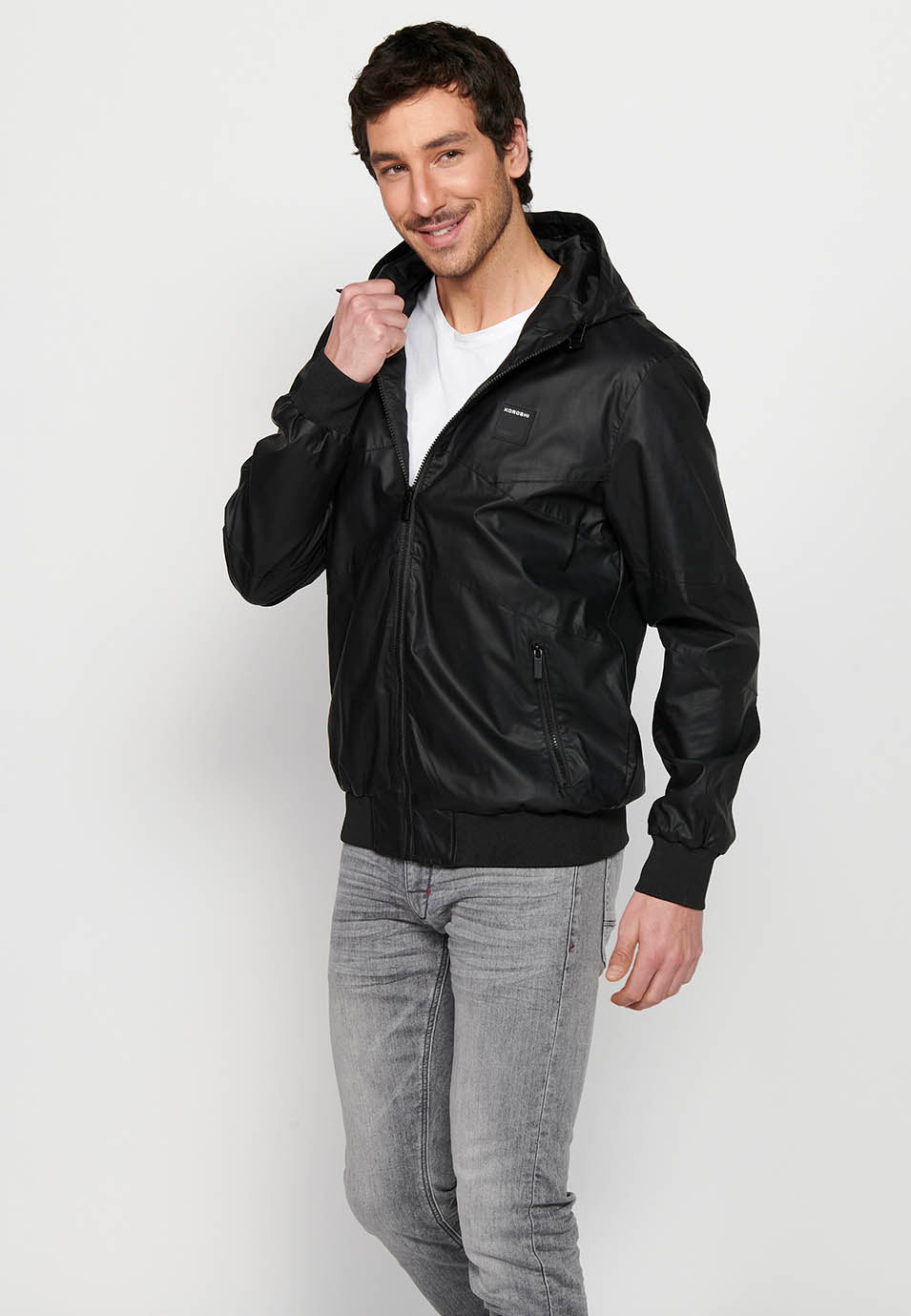 Cazadora Bomber Efecto Piel con Capucha Hombre – Koroshi Negra