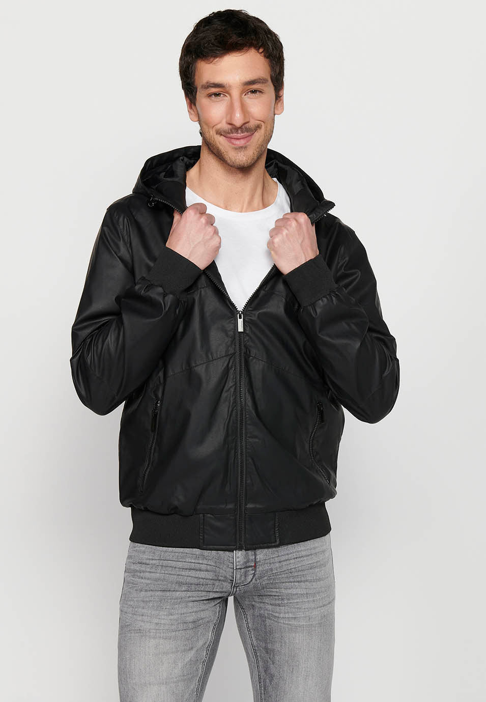 Cazadora Bomber Efecto Piel con Capucha Hombre – Koroshi Negra