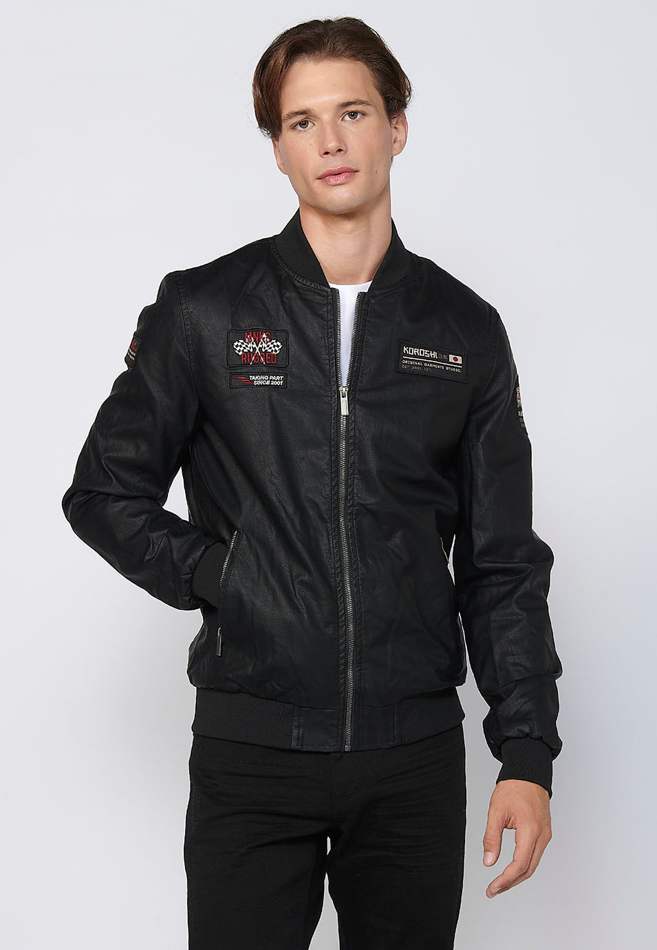 Cazadora Bomber Efecto Piel con Parches Hombre – Koroshi Negra