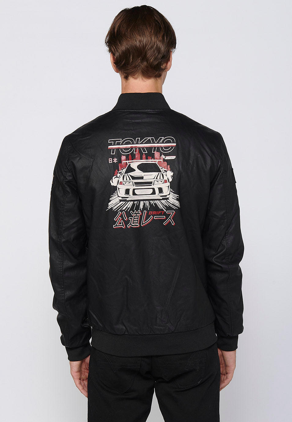 Cazadora Bomber Efecto Piel con Parches Hombre – Koroshi Negra