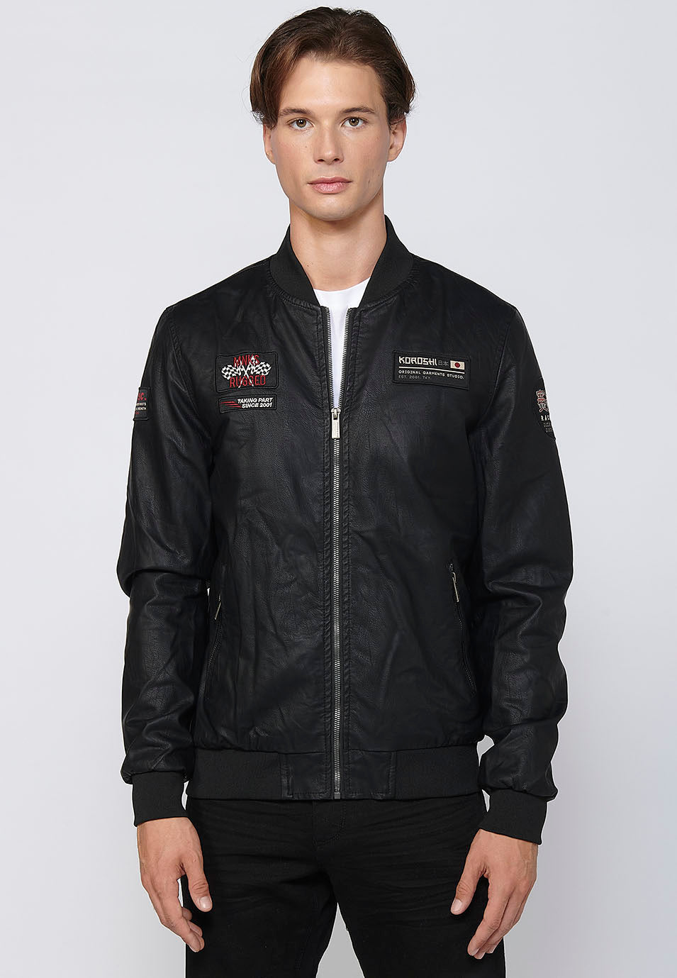 Cazadora Bomber Efecto Piel con Parches Hombre – Koroshi Negra