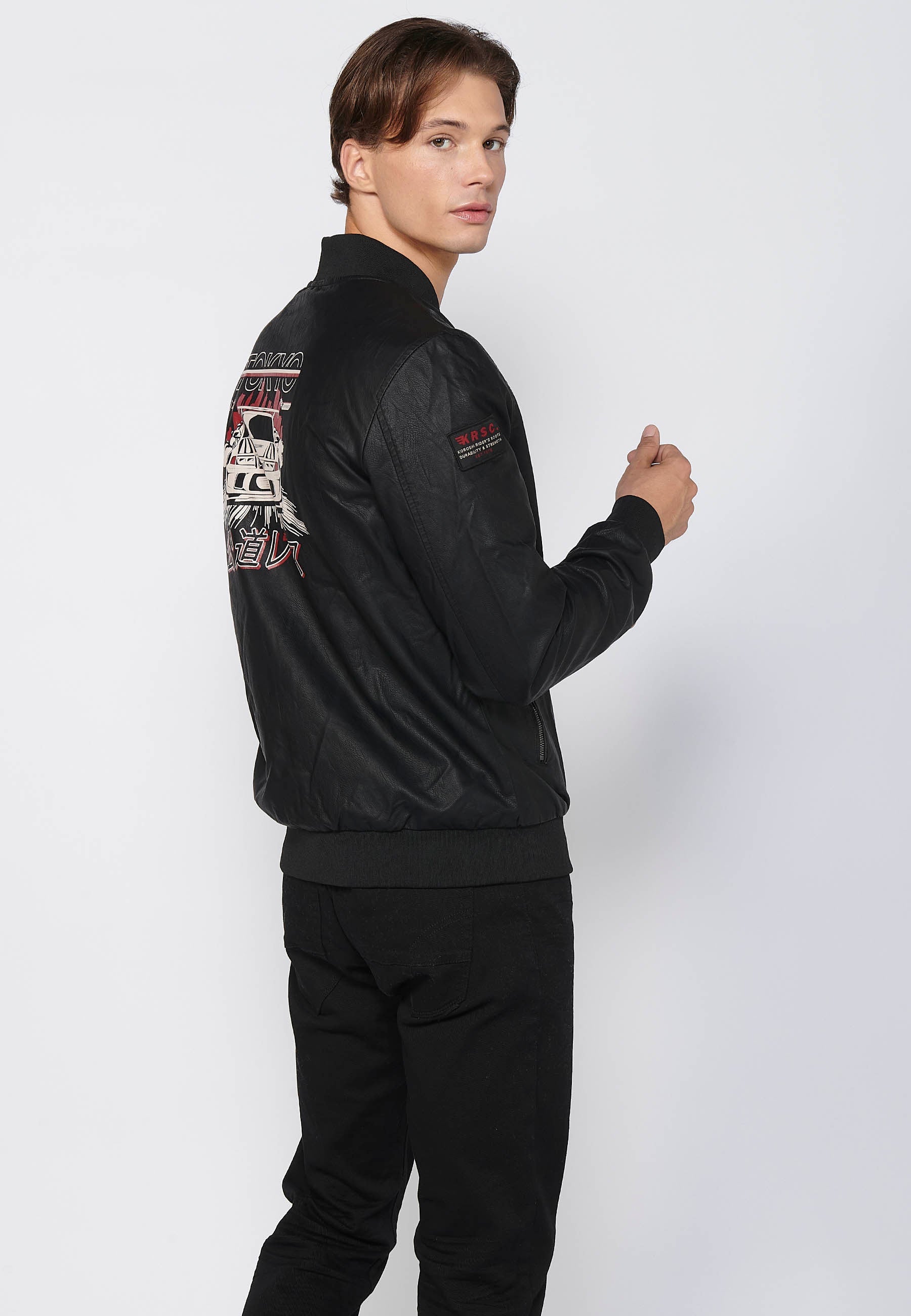 Cazadora Bomber Efecto Piel con Parches Hombre – Koroshi Negra