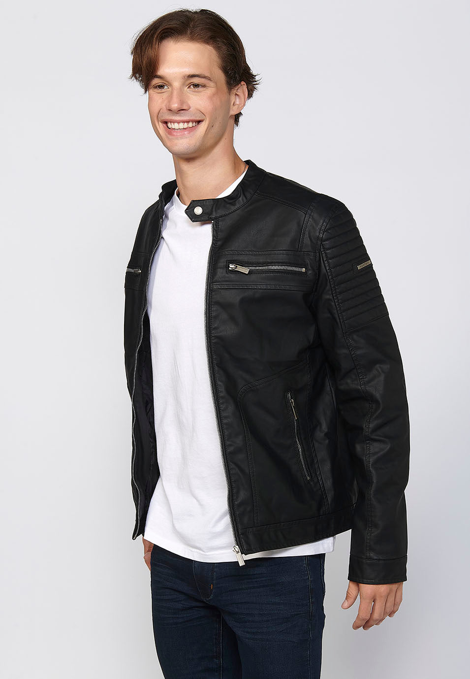 Chaqueta Biker Efecto Piel Cuello Alto Hombre – Koroshi 2411JA03