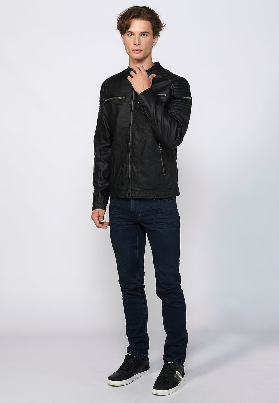 Chaqueta Biker Efecto Piel Cuello Alto Hombre – Koroshi 2411JA03