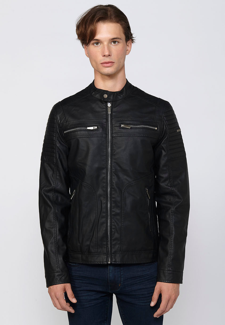 Chaqueta Biker Efecto Piel Cuello Alto Hombre – Koroshi 2411JA03