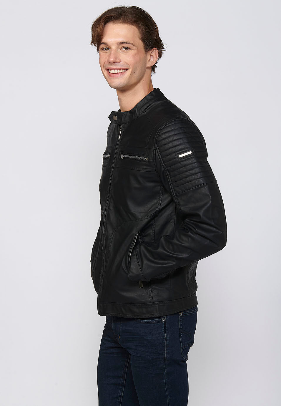 Chaqueta Biker Efecto Piel Cuello Alto Hombre – Koroshi 2411JA03