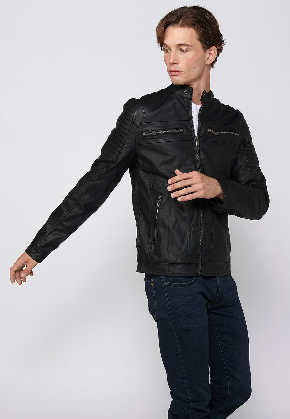 Chaqueta Biker Efecto Piel Cuello Alto Hombre – Koroshi 2411JA03