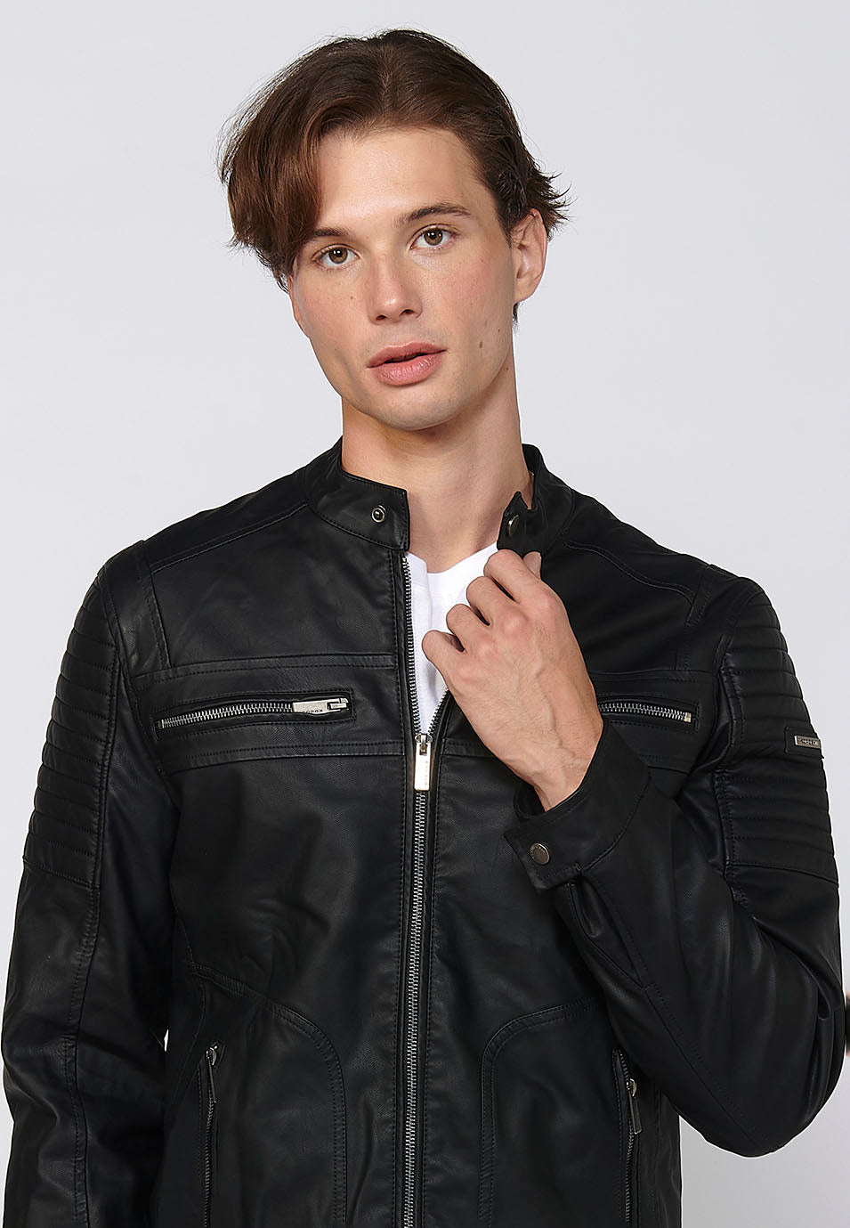 Chaqueta Biker Efecto Piel Cuello Alto Hombre – Koroshi 2411JA03
