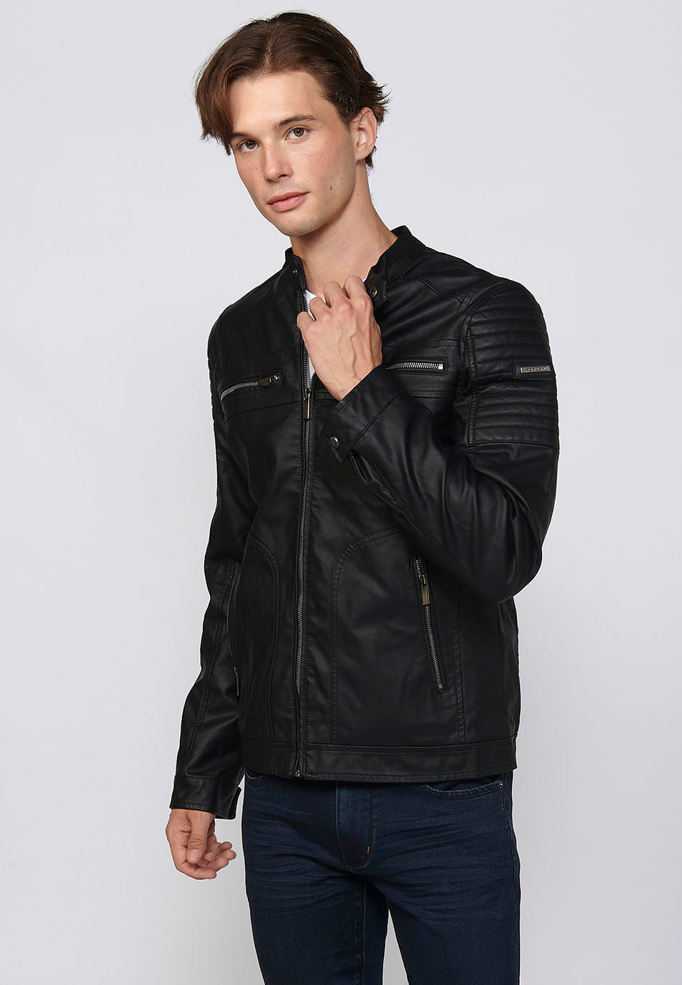 Chaqueta Biker Efecto Piel Cuello Alto Hombre – Koroshi 2411JA03