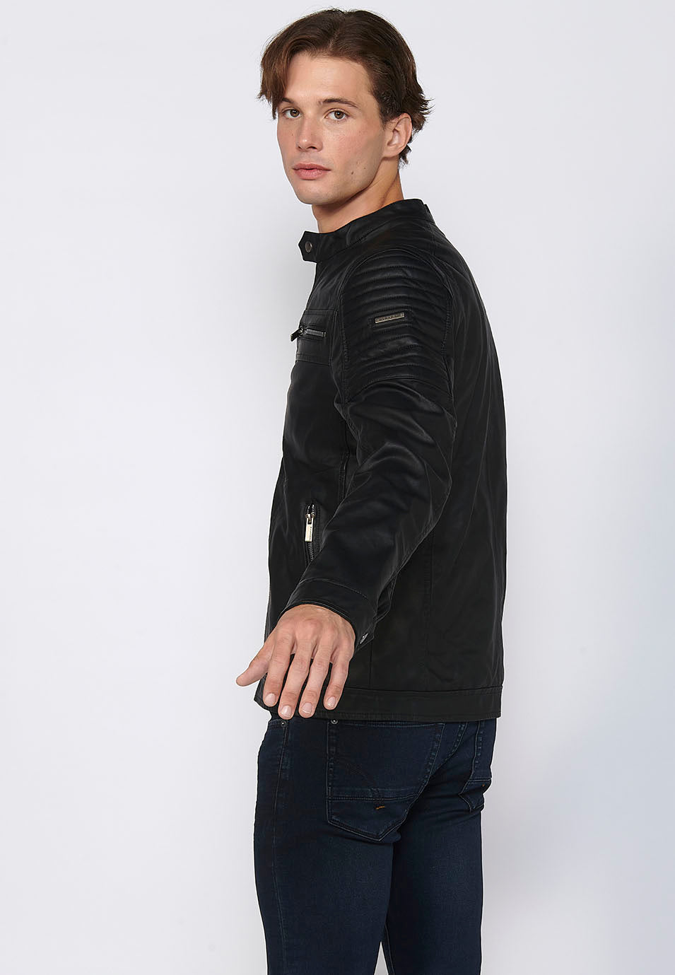 Chaqueta Biker Efecto Piel Cuello Alto Hombre – Koroshi 2411JA03
