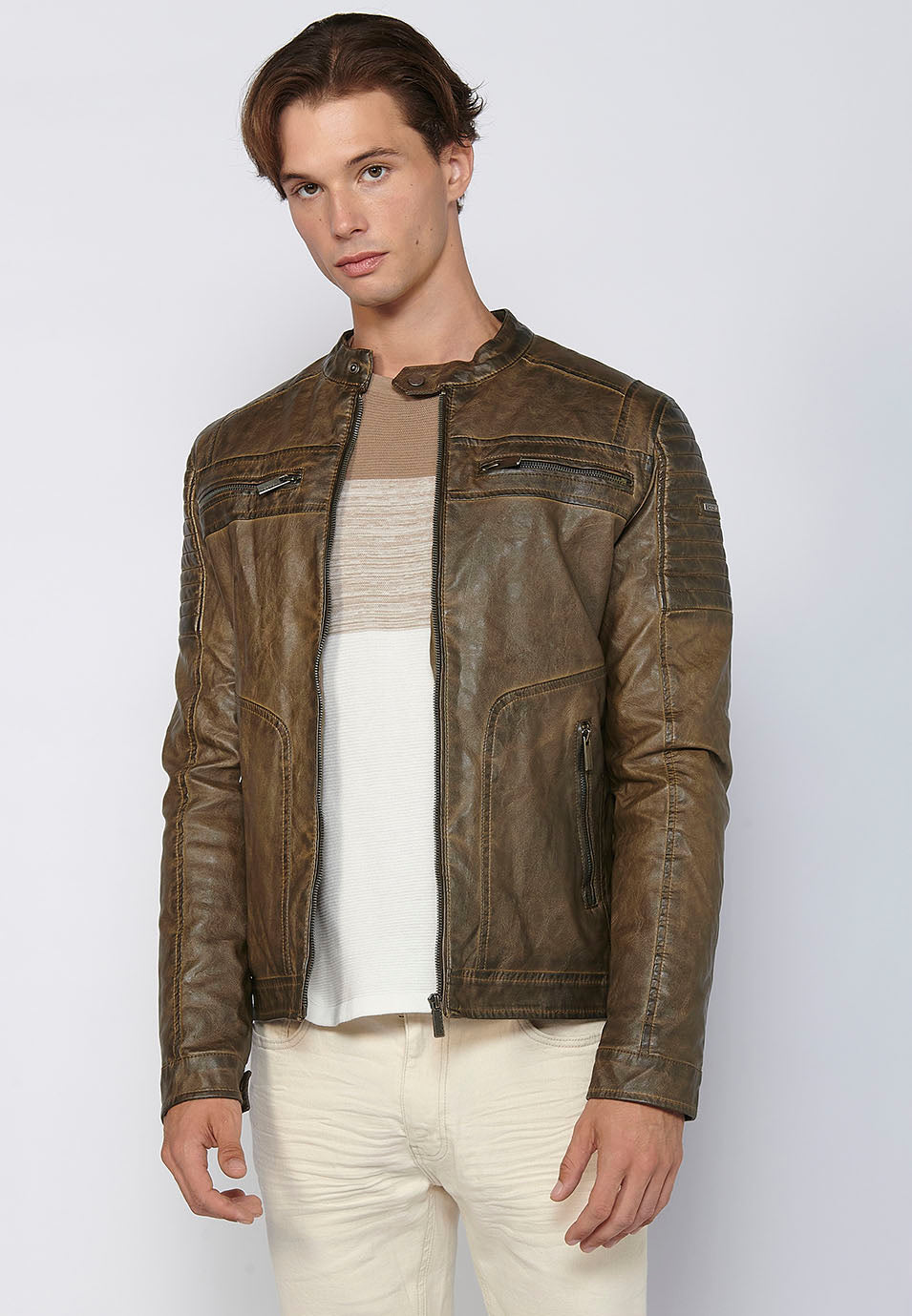 Chaqueta Biker Efecto Piel Cuello Alto Hombre – Koroshi 2411JA03