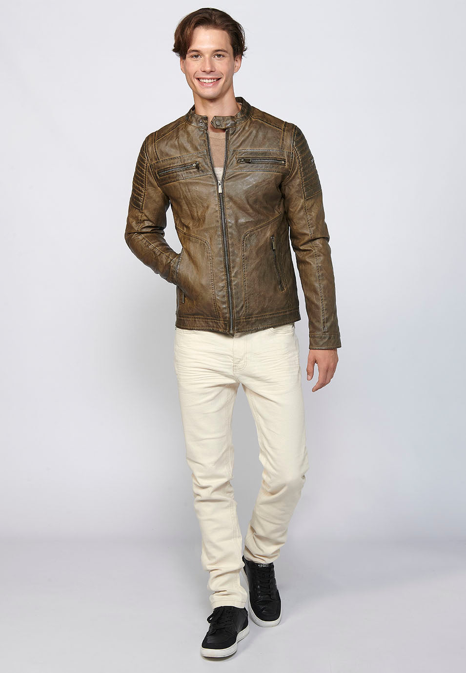 Chaqueta Biker Efecto Piel Cuello Alto Hombre – Koroshi 2411JA03