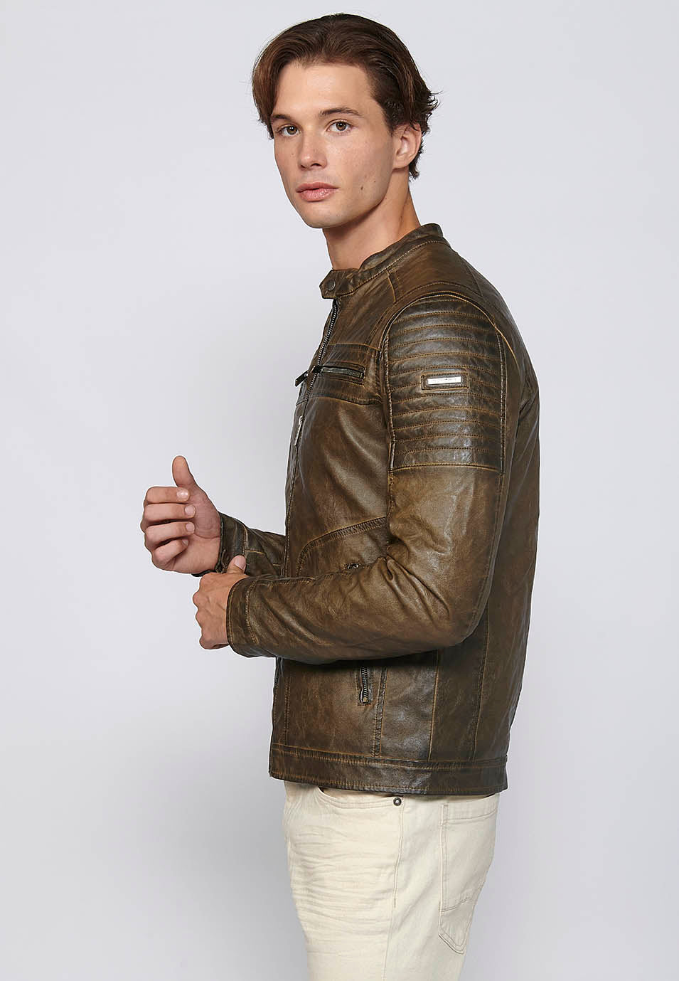 Chaqueta Biker Efecto Piel Cuello Alto Hombre – Koroshi 2411JA03