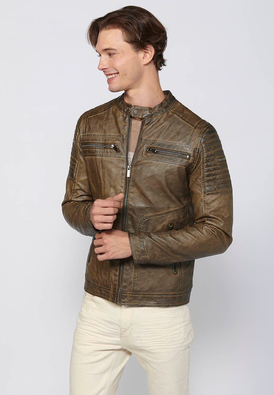 Chaqueta Biker Efecto Piel Cuello Alto Hombre – Koroshi 2411JA03