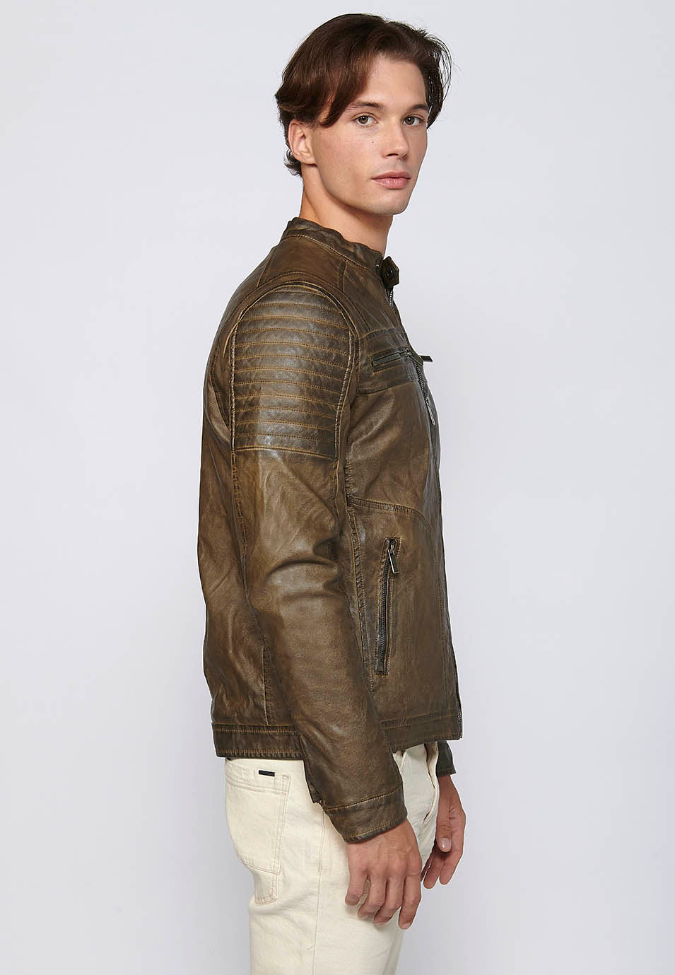 Chaqueta Biker Efecto Piel Cuello Alto Hombre – Koroshi 2411JA03