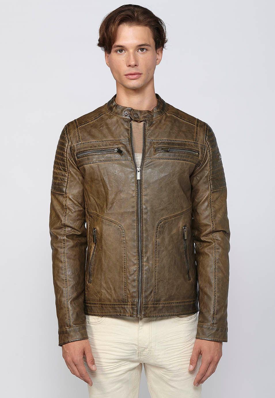 Chaqueta Biker Efecto Piel Cuello Alto Hombre – Koroshi 2411JA03