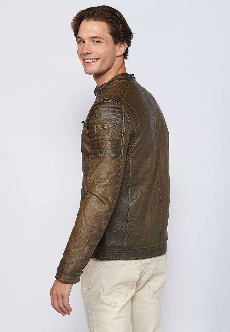 Chaqueta Biker Efecto Piel Cuello Alto Hombre – Koroshi 2411JA03