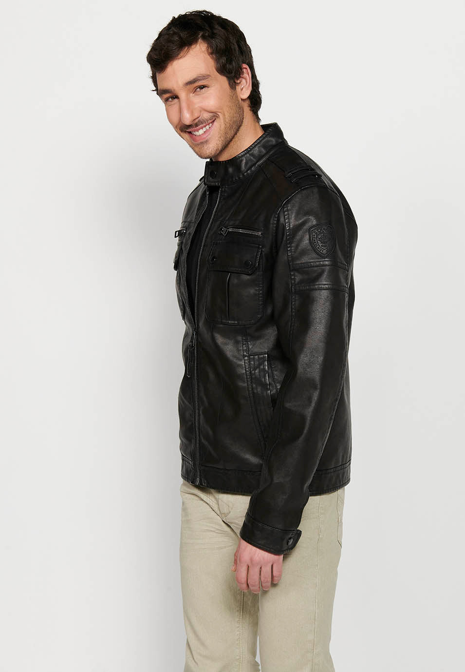 Chaqueta Biker Efecto Piel Cuello Alto Hombre – Koroshi Marrón Oscuro