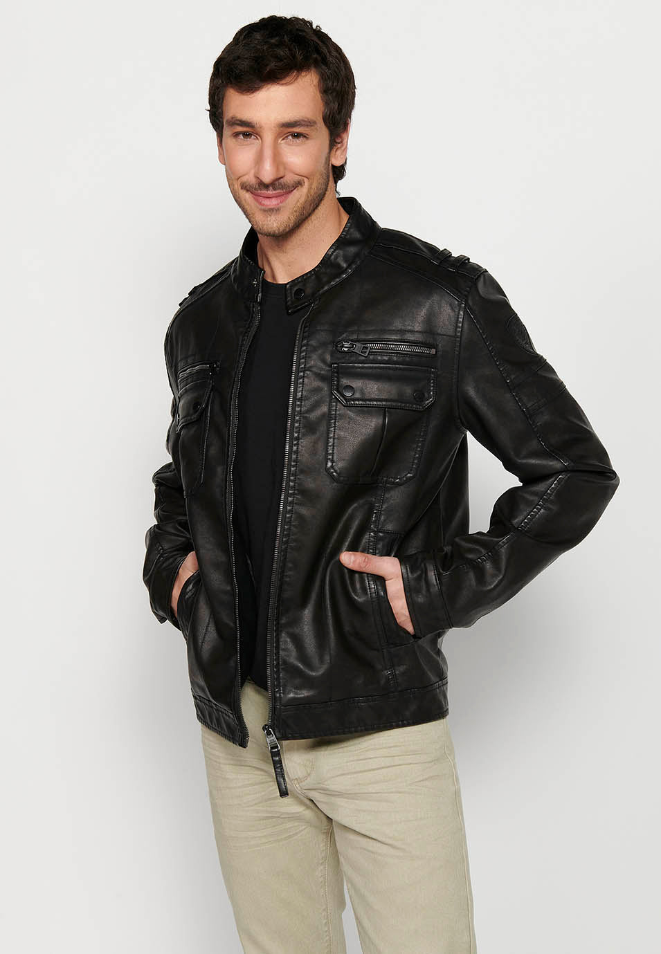 Chaqueta Biker Efecto Piel Cuello Alto Hombre – Koroshi Marrón Oscuro