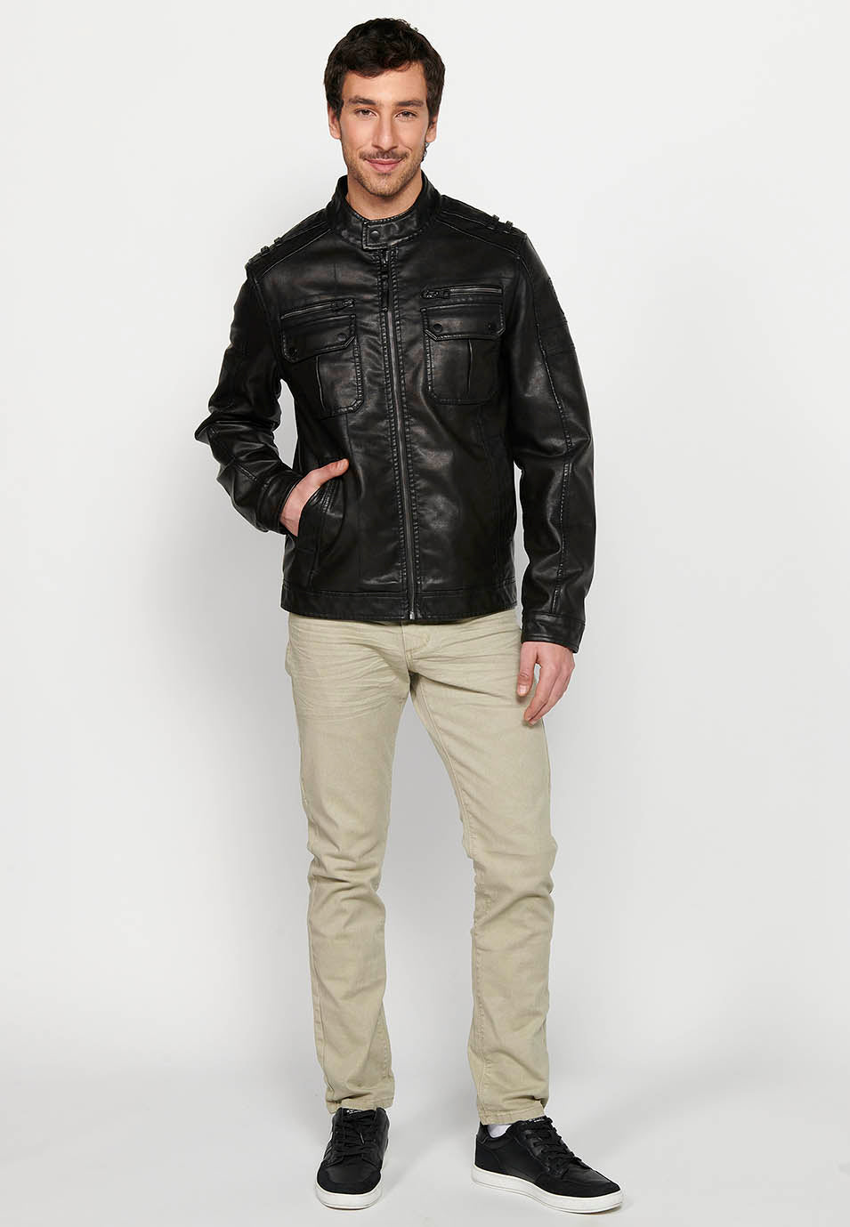 Chaqueta Biker Efecto Piel Cuello Alto Hombre – Koroshi Marrón Oscuro