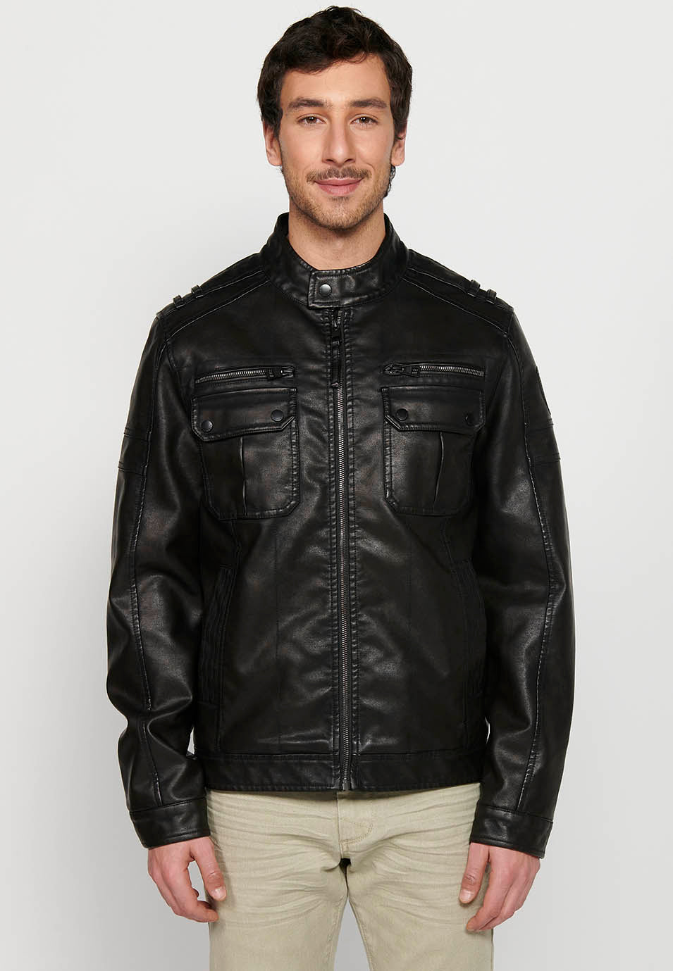Chaqueta Biker Efecto Piel Cuello Alto Hombre – Koroshi Marrón Oscuro