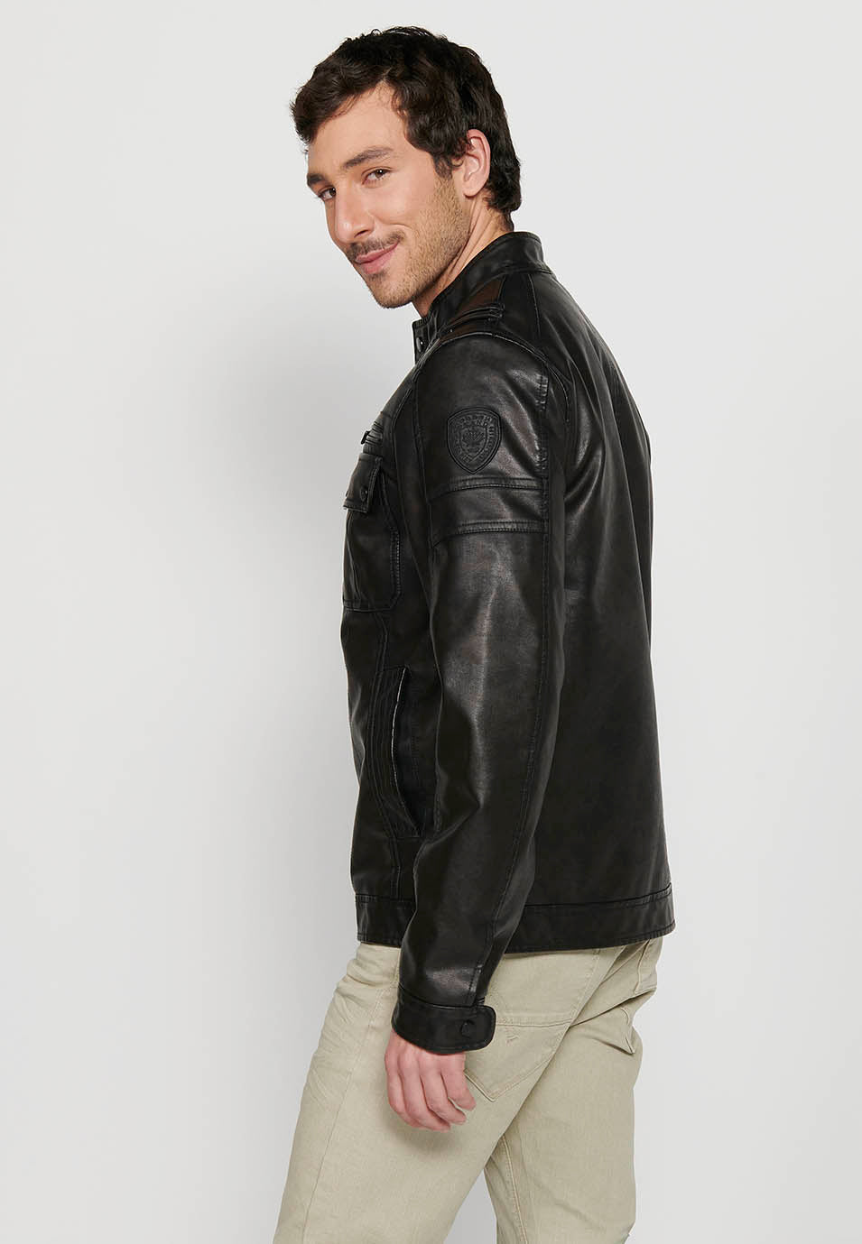 Chaqueta Biker Efecto Piel Cuello Alto Hombre – Koroshi Marrón Oscuro