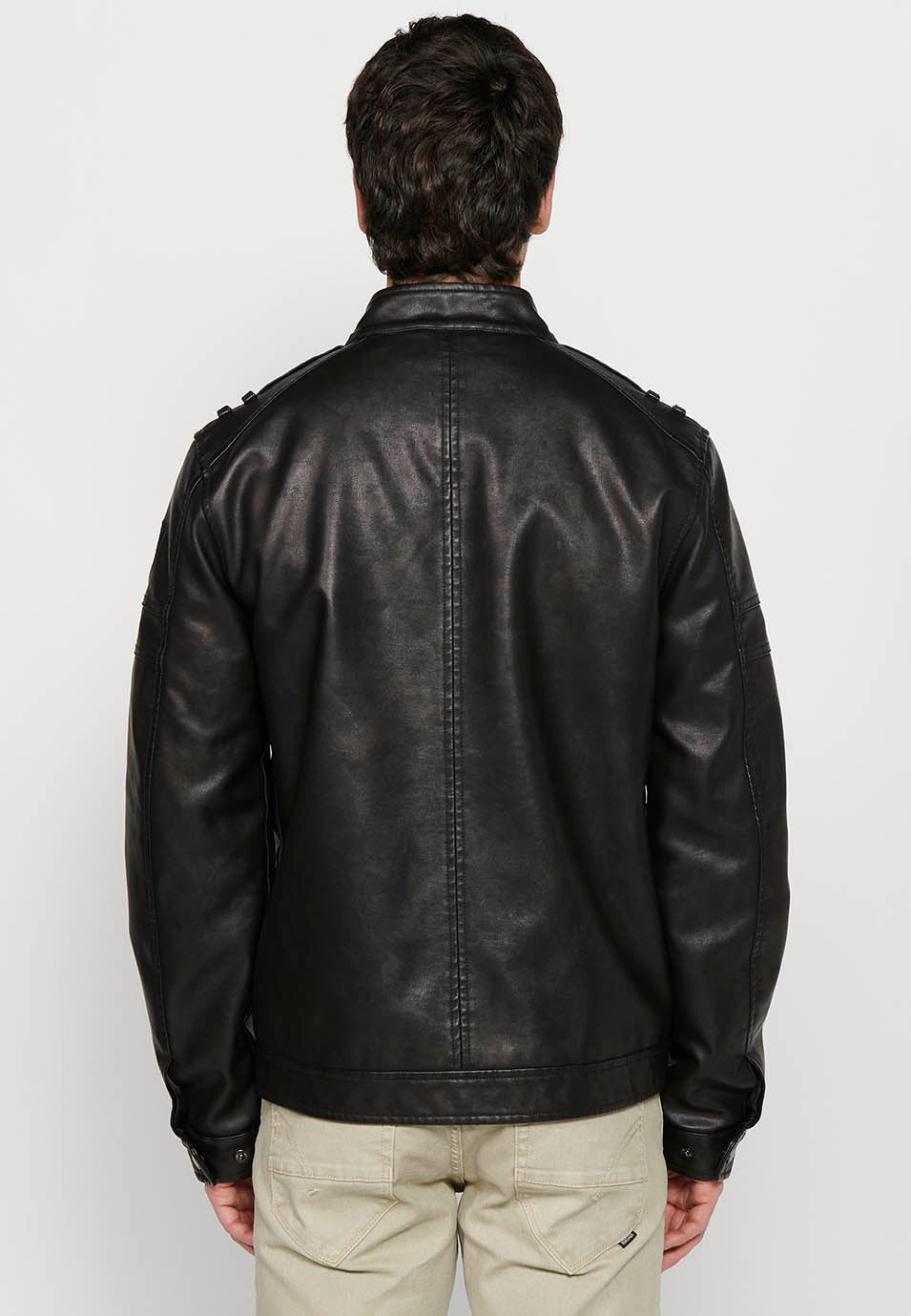 Chaqueta Biker Efecto Piel Cuello Alto Hombre – Koroshi Marrón Oscuro