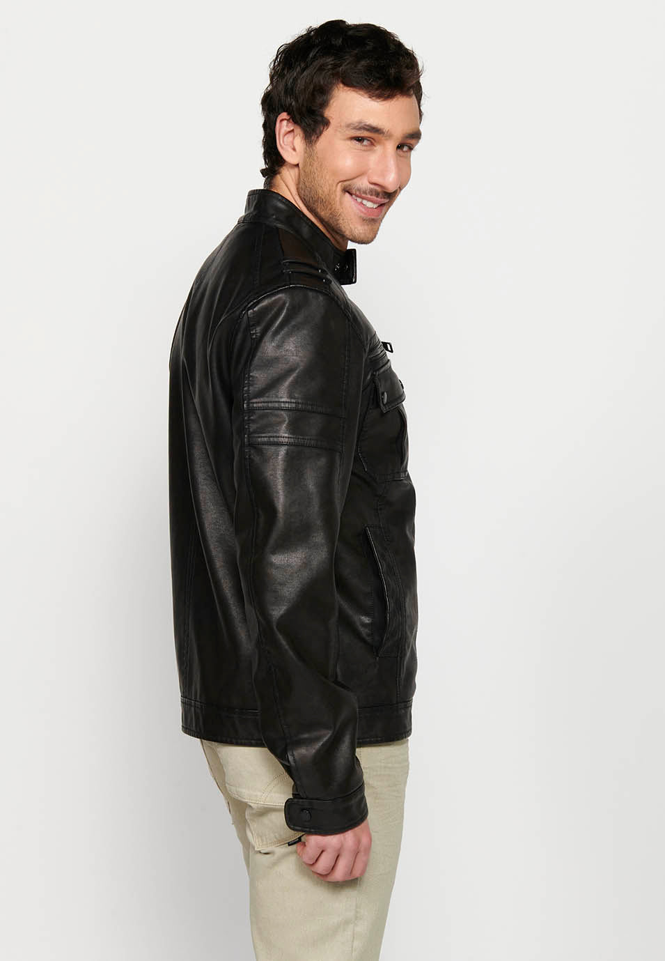 Chaqueta Biker Efecto Piel Cuello Alto Hombre – Koroshi Marrón Oscuro
