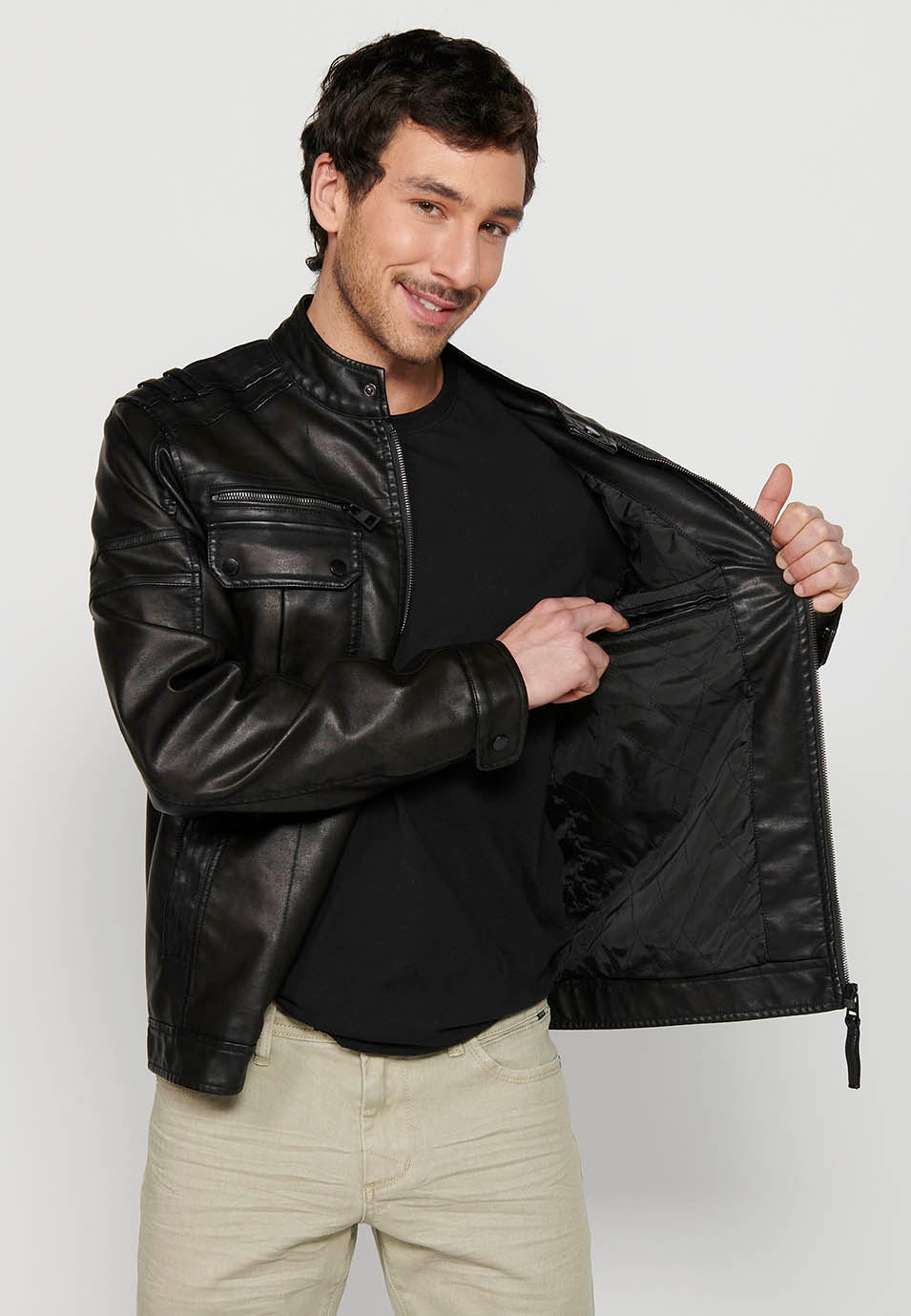 Chaqueta Biker Efecto Piel Cuello Alto Hombre – Koroshi Marrón Oscuro