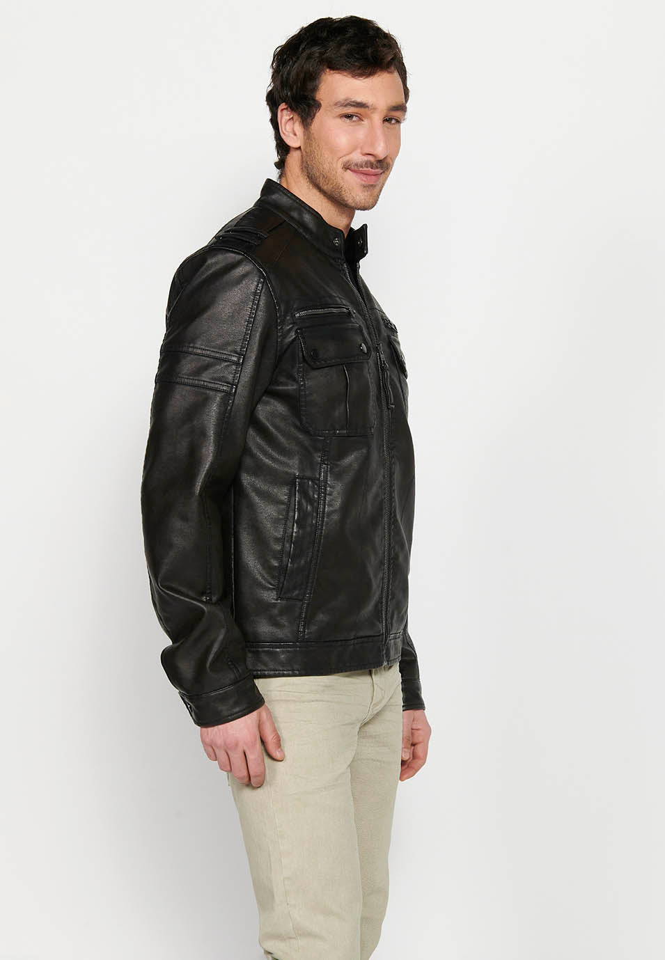 Chaqueta Biker Efecto Piel Cuello Alto Hombre – Koroshi Marrón Oscuro