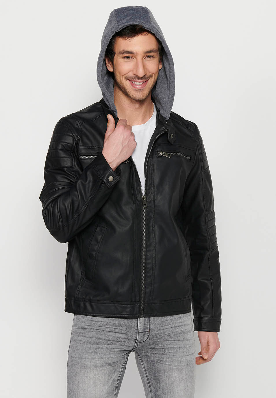 Chaqueta Biker Efecto Piel Capucha Desmontable Hombre – Koroshi 2411JA05