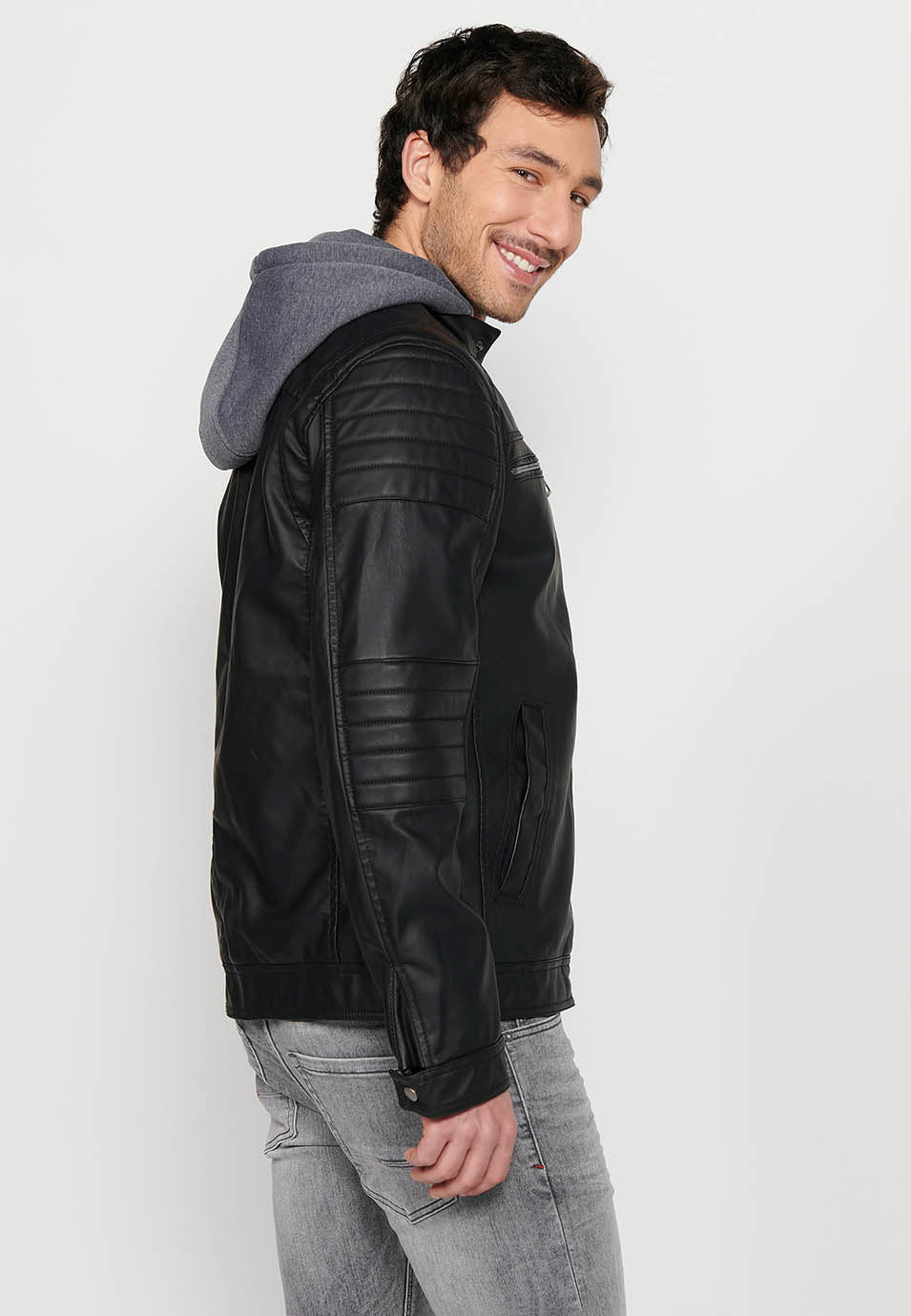Chaqueta Biker Efecto Piel Capucha Desmontable Hombre – Koroshi 2411JA05