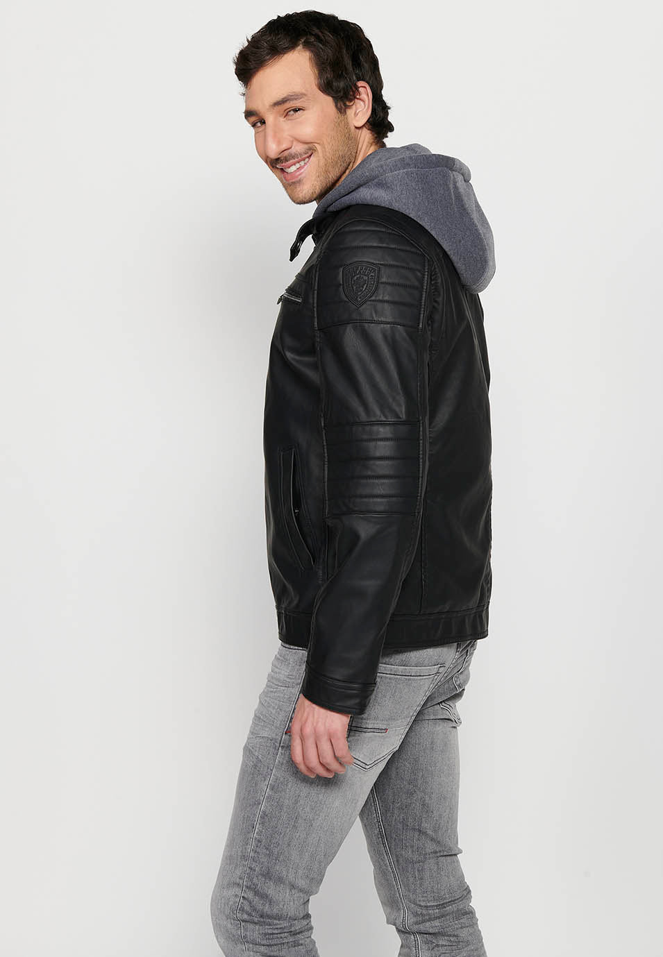 Chaqueta Biker Efecto Piel Capucha Desmontable Hombre – Koroshi 2411JA05