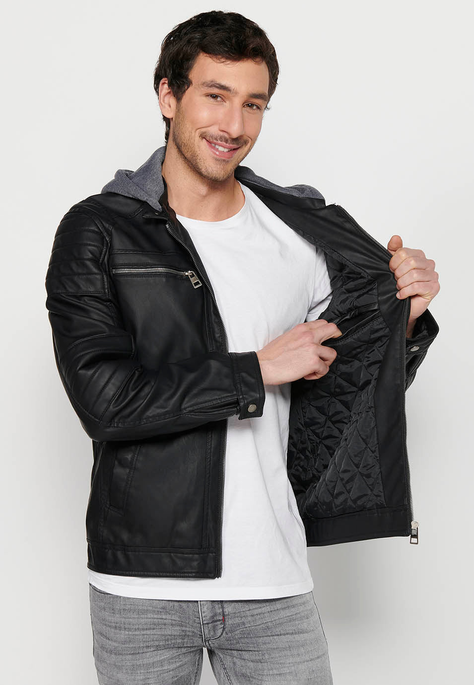 Chaqueta Biker Efecto Piel Capucha Desmontable Hombre – Koroshi 2411JA05