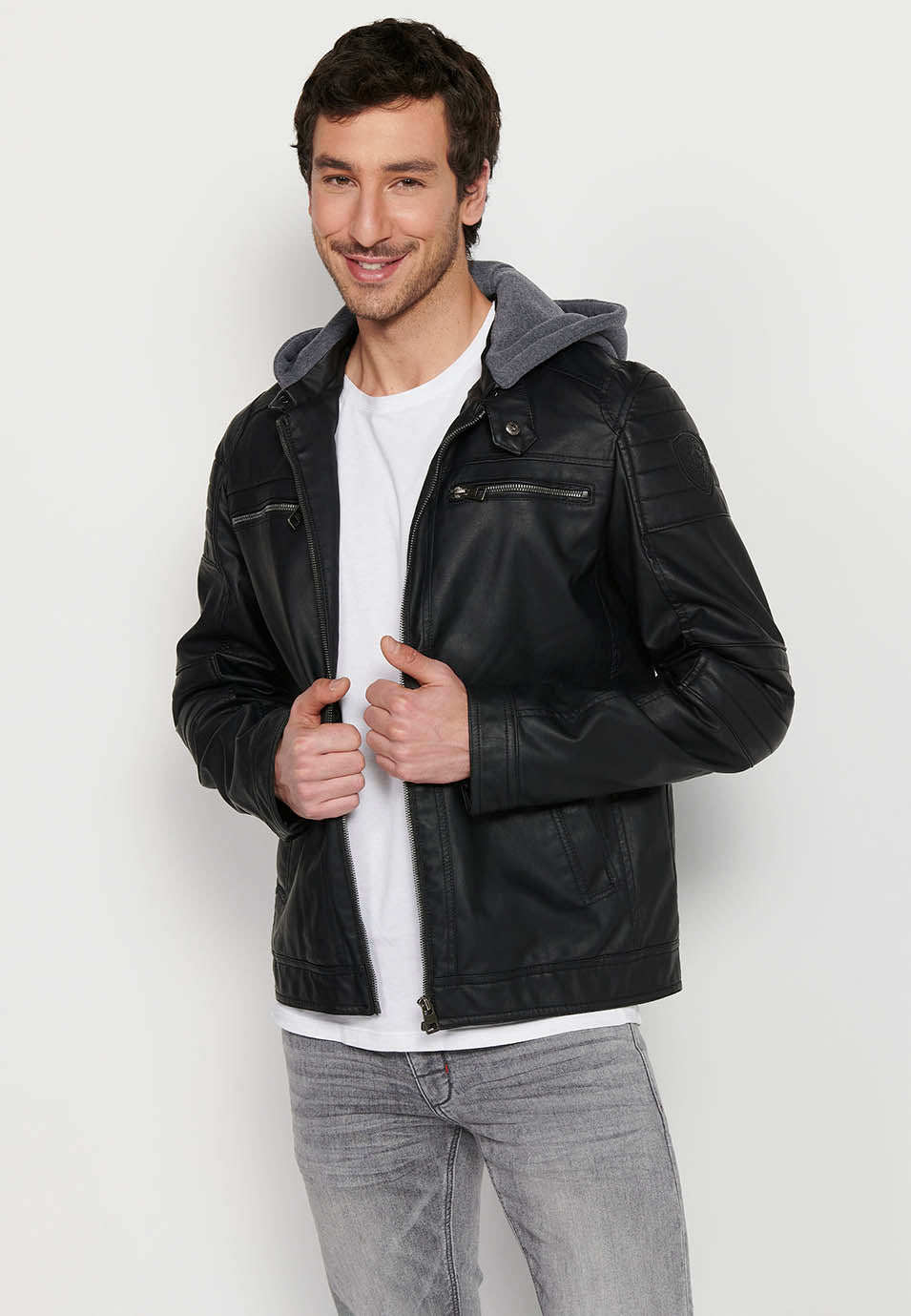 Chaqueta Biker Efecto Piel Capucha Desmontable Hombre – Koroshi 2411JA05