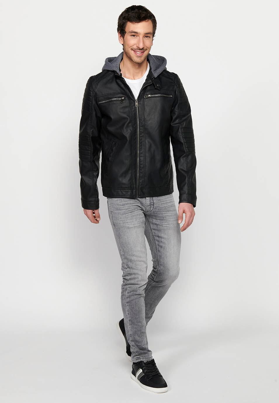 Chaqueta Biker Efecto Piel Capucha Desmontable Hombre – Koroshi 2411JA05