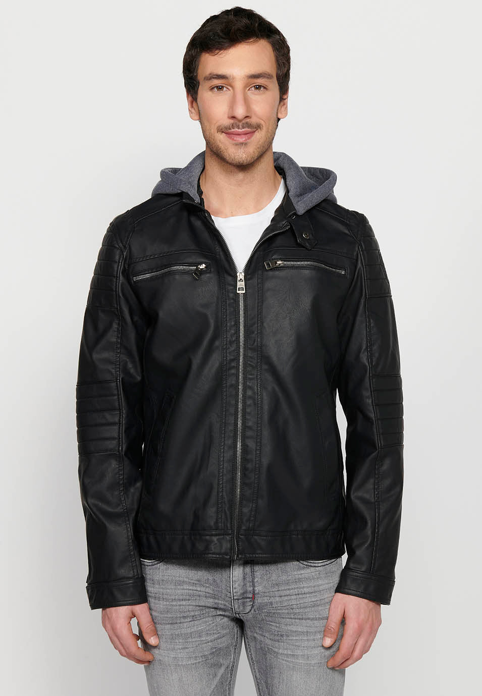 Chaqueta Biker Efecto Piel Capucha Desmontable Hombre – Koroshi 2411JA05