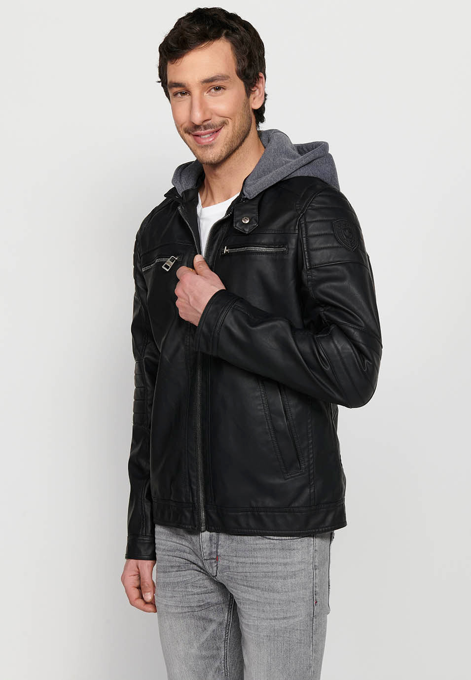 Chaqueta Biker Efecto Piel Capucha Desmontable Hombre – Koroshi 2411JA05