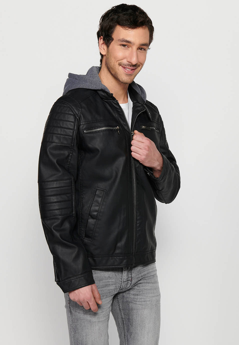 Chaqueta Biker Efecto Piel Capucha Desmontable Hombre – Koroshi 2411JA05